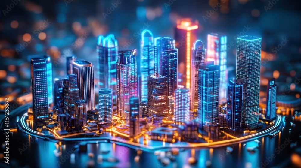 Futuristic cityscape with illuminated skyscrapers at night. Futuristic cityscape with illuminated skyscrapers at night.