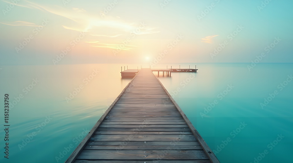 Fototapeta premium Wooden footbridge on a serene beach at sunset, perfect for meditation or yoga. Tranquil sea views create a calming journey for the mind and body