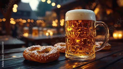 a beer and a pretzel on a table photo