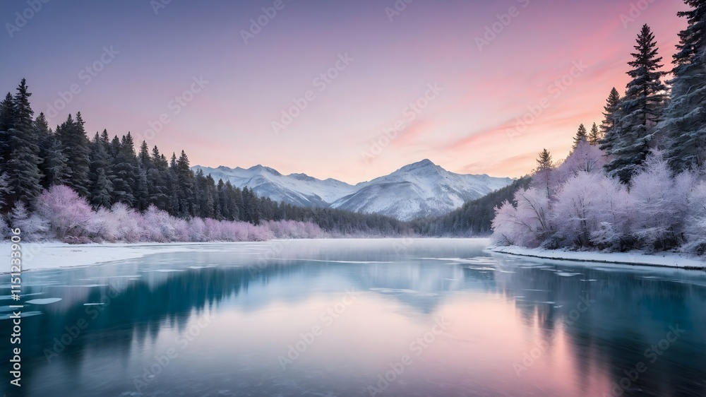 Frosted Lake Mountain Wallpaper: Depicts a serene winter scene with a calm, partially frozen lake reflecting frosted trees and snow-capped peaks under a soft, colorful sky Frosted Lake Mountain Wallpaper: Depicts a serene winter scene with a calm, partially frozen lake reflecting frosted trees and snow-capped peaks under a soft, colorful sky