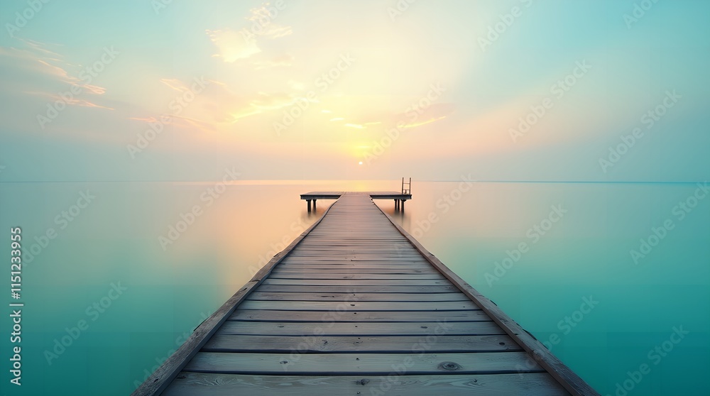 Fototapeta premium Wooden footbridge on a serene beach at sunset, perfect for meditation or yoga. Tranquil sea views create a calming journey for the mind and body