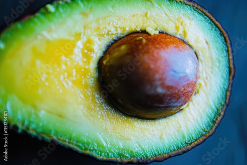 Close-up of a halved avocado, showcasing its vibrant green flesh, creamy texture, and large brown pit. (1) photo