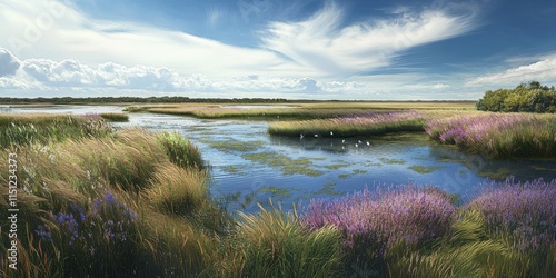 Saltmarsh landscape showcasing vibrant flora, the saltmarsh ecosystem thrives with diverse wildlife, offering a picturesque view of serene saltmarsh environments rich in natural beauty.
