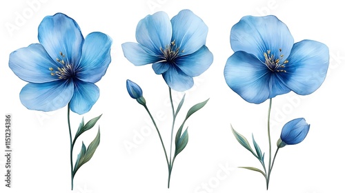 Three fresh blue flax flowers isolated on a white background