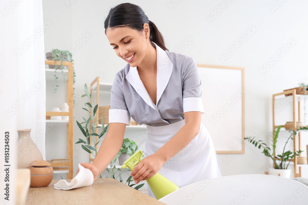 Young chambermaid cleaning table in hotel room Young chambermaid cleaning table in hotel room