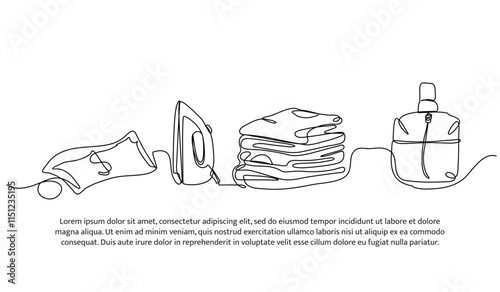 Set of laundry elements. clothes, ironing, and fragrance spray. Minimalist style vector illustration on white background.