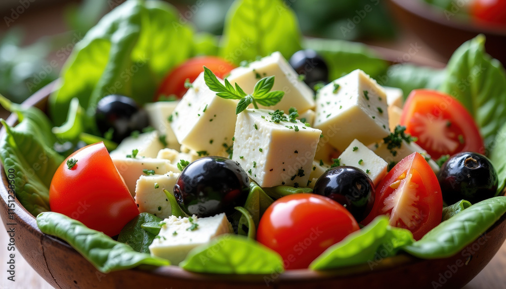 Vibrant Greek salad featuring fresh feta cheese, black olives, and ripe tomatoes in a rustic bowl Vibrant Greek salad featuring fresh feta cheese, black olives, and ripe tomatoes in a rustic bowl