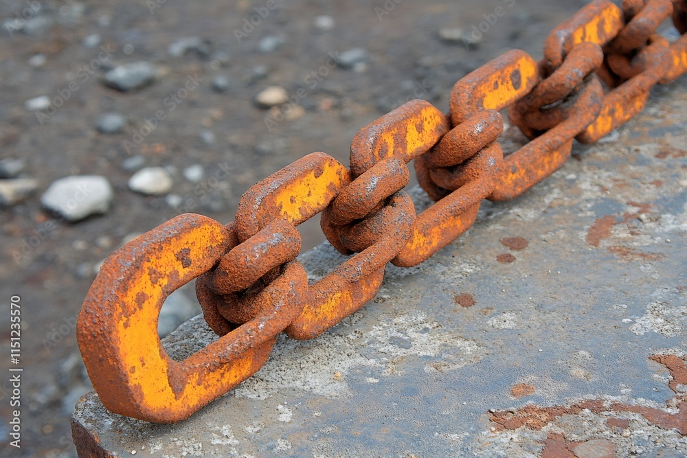 Rusty chain resting on concrete block in industrial setting Rusty chain resting on concrete block in industrial setting