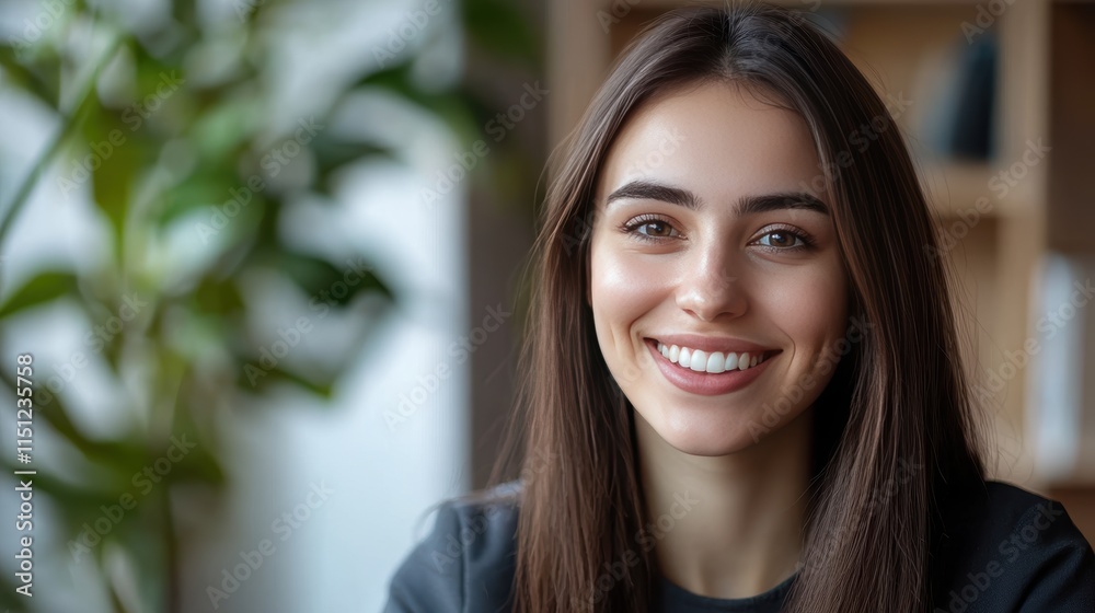 Happy Young Woman Smiling in Bright Indoor Space with Greenery Happy Young Woman Smiling in Bright Indoor Space with Greenery