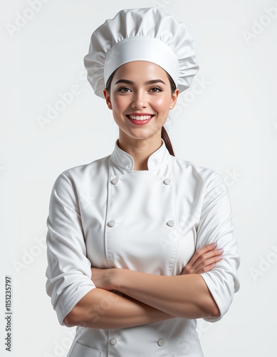 Happy chef in white uniform holding spatula and whisk, ideal for food blogs, cooking websites, and culinary design projects.