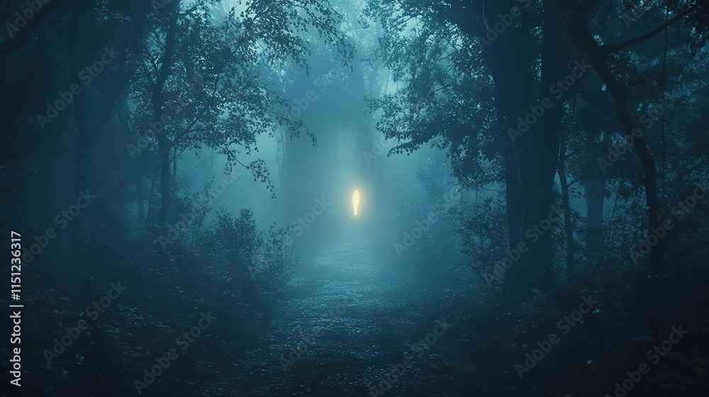 a light shining through the trees in the dark a light shining through the trees in the dark