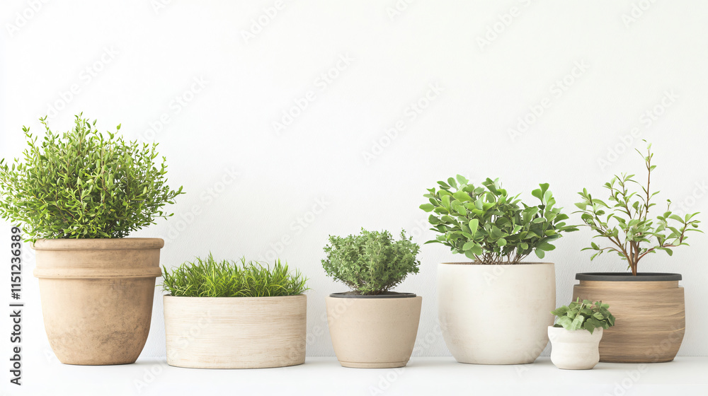 Fototapeta premium Assorted gardening pots and planters with various plants on bright white background, creating fresh and vibrant atmosphere. Perfect for home decor and gardening enthusiasts