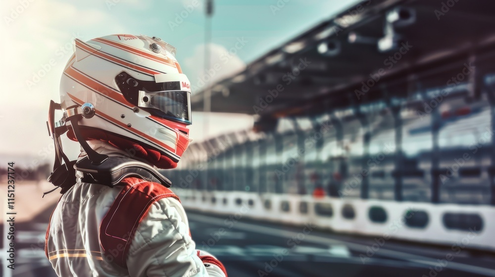 Obraz premium A race car driver in a helmet stands at a racetrack, ready for competition.