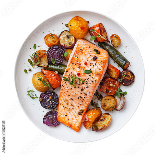 Baked Salmon with Roasted Vegetables on White Ceramic Plate for Healthy Balanced Dinner Meal