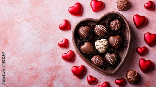 Heart-Shaped Box of Chocolates Surrounded by Red Love Hearts