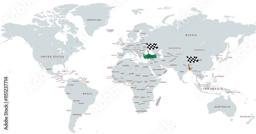 World Map Highlighting Specific Countries  bangladesh and turkey with Geographical Details