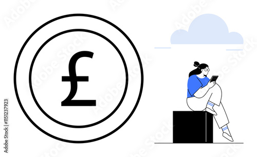 Woman sitting on a block and using a tablet. Large pound currency symbol to the left. Ideal for financial concepts, online transactions, digital banking, investments, currency exchange, remote work