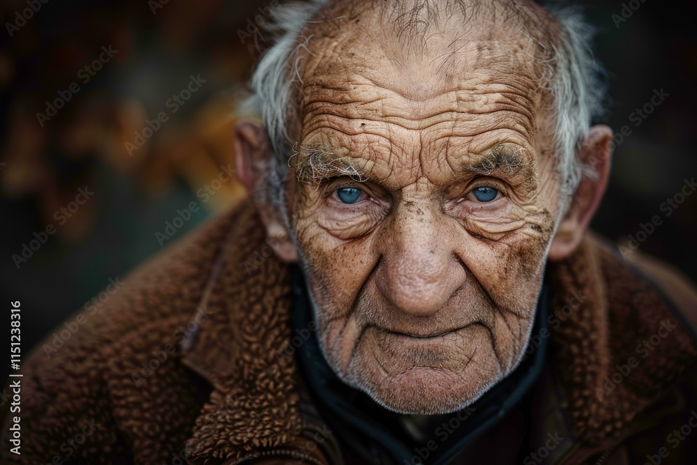 Close up portrait of a senior farmer with striking blue eyes, weathered skin, conveying resilience, wisdom, and a lifetime of experience Close up portrait of a senior farmer with striking blue eyes, weathered skin, conveying resilience, wisdom, and a lifetime of experience