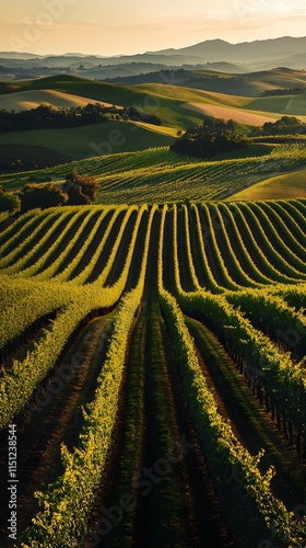 Sunset over lush green vineyards in rolling hills. photo