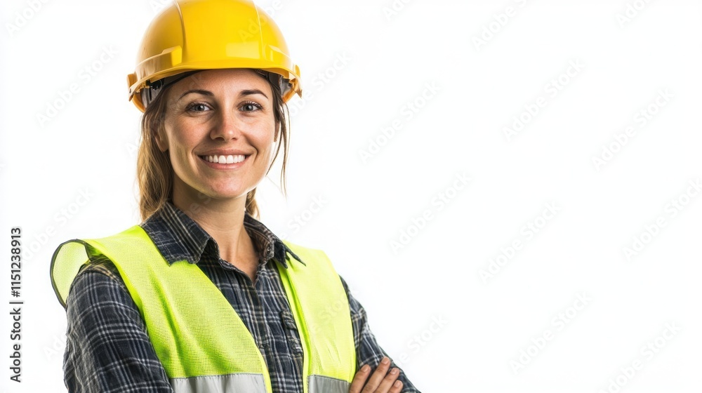 Smiling female construction worker in hardhat and safety vest, arms crossed. Smiling female construction worker in hardhat and safety vest, arms crossed.
