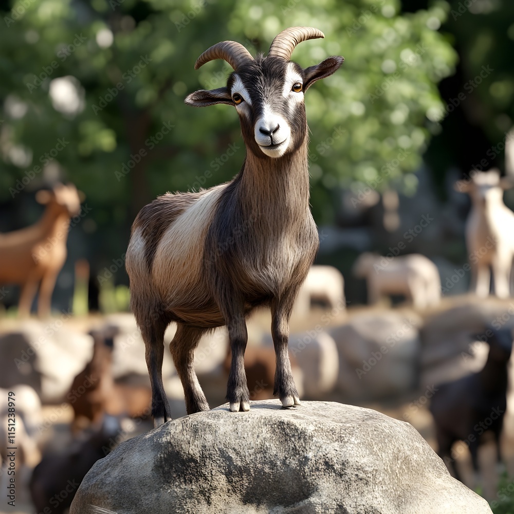 Obraz premium A photo of a goat standing on a rock in a farmyard surrounded by other animals.