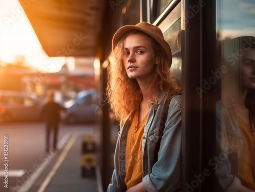 Young woman in casual outfit at sunset city street