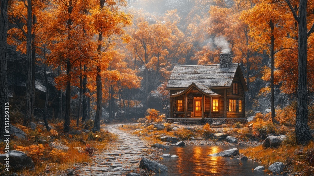 Autumnal forest cabin, stone path, glowing windows. Autumnal forest cabin, stone path, glowing windows.