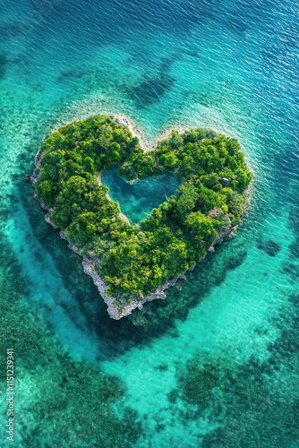 Aerial view of a heart-shaped island surrounded by clear blue water and green foliage.