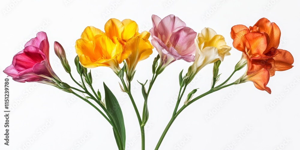 Vibrant freesia blooms showcase their beauty with fragrant flowers against a clean white background, highlighting the exquisite details of freesia in stunning visual appeal. Vibrant freesia blooms showcase their beauty with fragrant flowers against a clean white background, highlighting the exquisite details of freesia in stunning visual appeal.