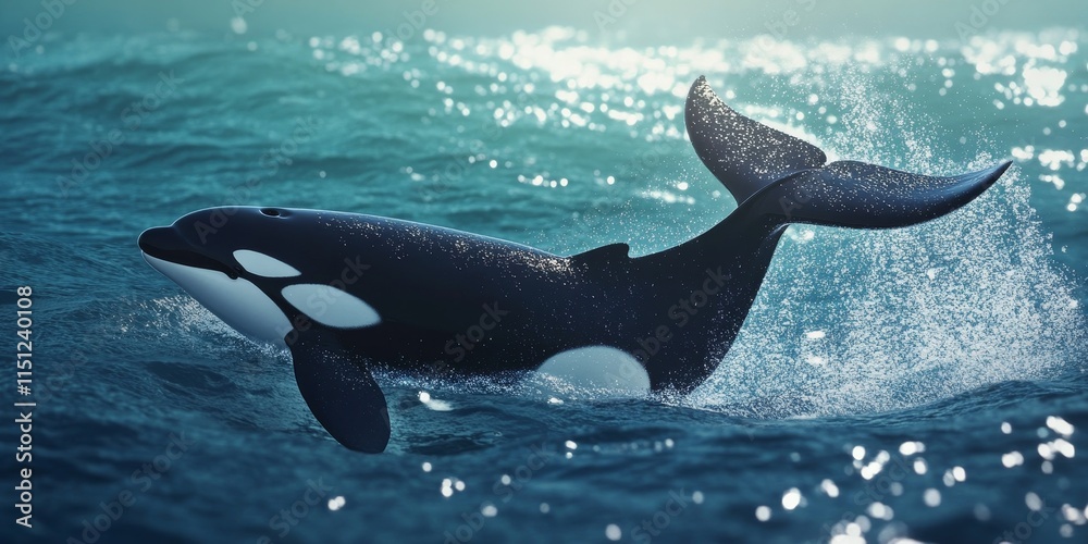 Obraz premium Orca killer whale playfully waves its tail above the deep sea waters, showcasing the majestic beauty of the orca in its natural habitat while engaging with the depths of the ocean.