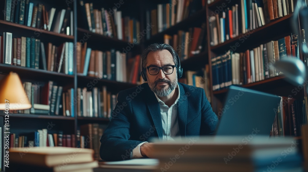 Professional man in glasses working on laptop in a library setting Professional man in glasses working on laptop in a library setting
