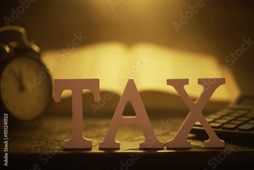 Wallpaper Mural Golden Hour Tax Concept with Calculator, Alarm Clock, and Open Book on Desk Torontodigital.ca