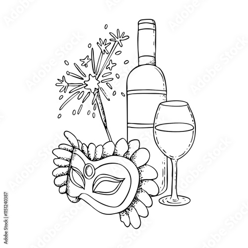 Black and white Mardi Gras line masquerade mask with wine bottle, glass and sparklers line vector illustration. Purim carnival symbols and festive accessories for coloring in ink style