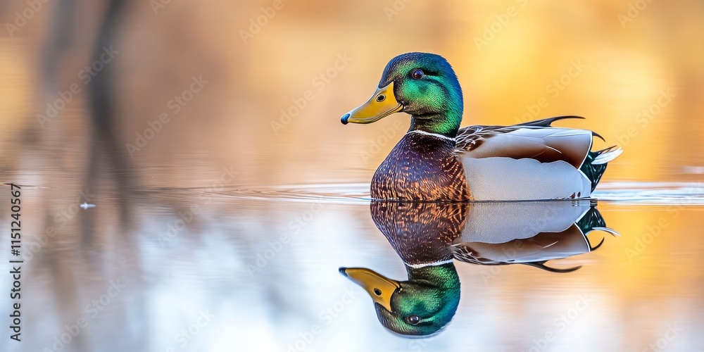 Obraz premium Male Mallard Duck seen with a beautiful reflection in the water, showcasing the vivid colors and distinct features of the male Mallard Duck in a serene natural setting.