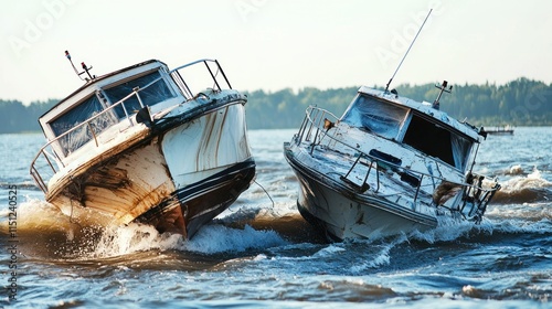 Two boats colliding in the water with visible damage on the hulls. photo