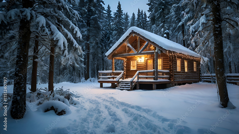 Winter Wonderland landscape with snowy trees, sparkling lights, and a cozy cabin in a tranquil, serene forest setting Winter Wonderland landscape with snowy trees, sparkling lights, and a cozy cabin in a tranquil, serene forest setting