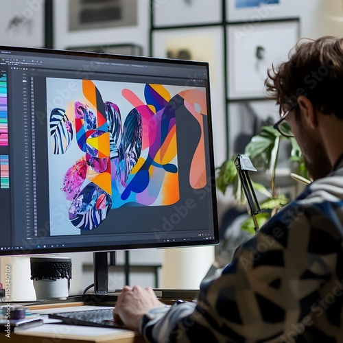 A photo of a graphic designer working on a colorful project on a large monitor.