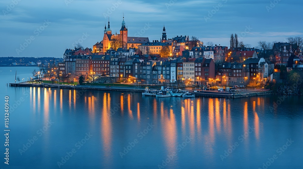 Fototapeta premium Scenic waterfront view of a charming town illuminated at dusk.