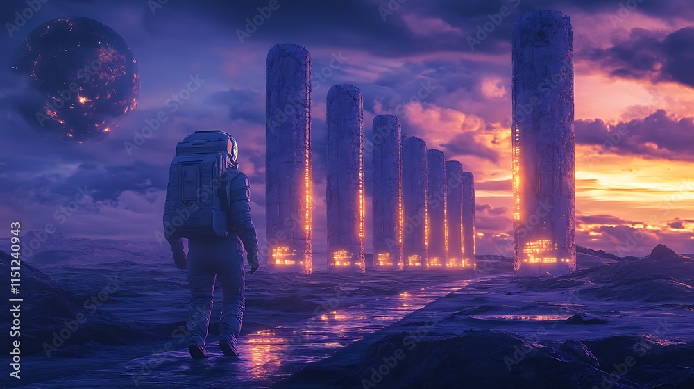 Fototapeta premium An astronaut walking along a pathway lined with glowing alien pillars, the twilight sky blending deep blues and purples, cinematic lighting casting intricate shadows, hd quality,