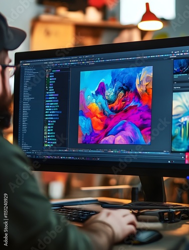 A photo of a graphic designer working on a colorful project on a large monitor.