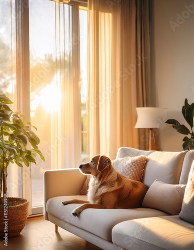Cute dog on sofa in living room at sunset. Space for text