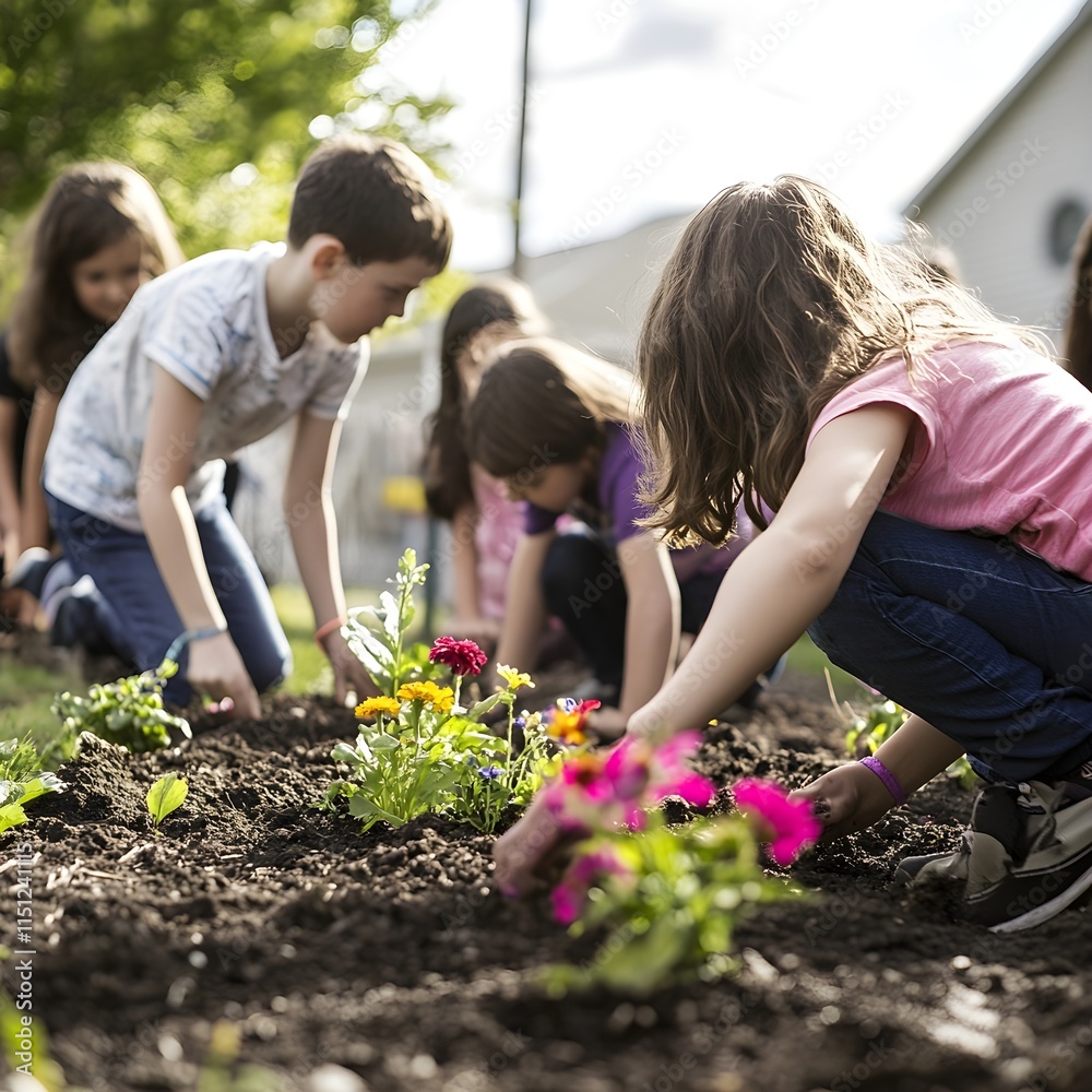 Fototapeta premium a group of children planting flowers in a small school garden.