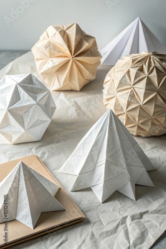 Artistic composition of folded and crumpled paper in various geometric shapes on textured surface photo