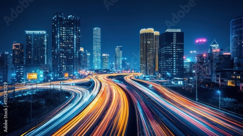 Night cityscape with vibrant light trails on busy highway.