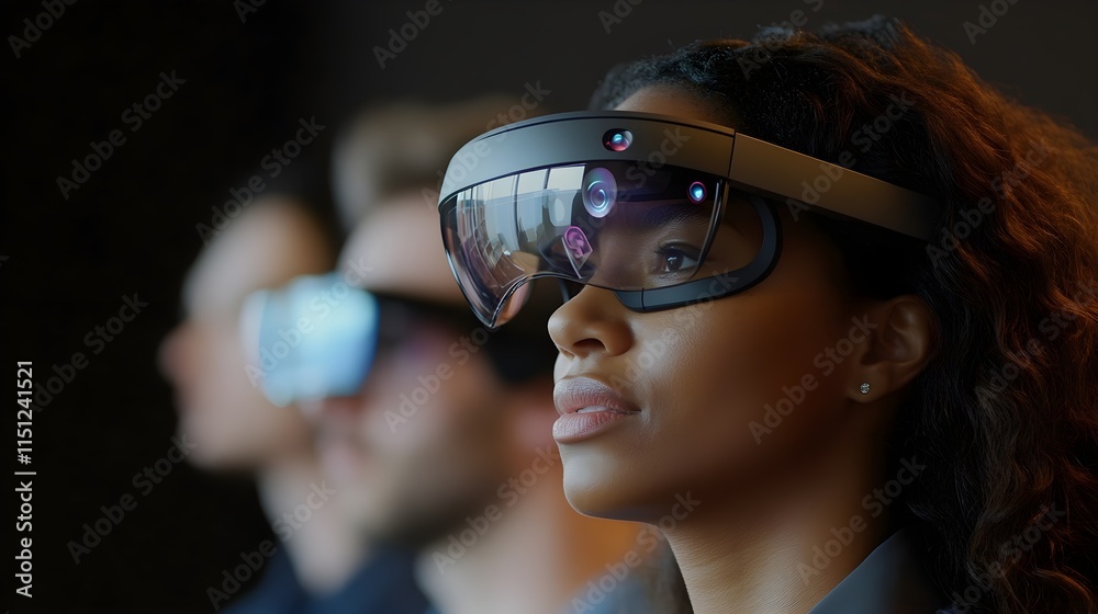 A photo of a group of coworkers brainstorming with augmented reality glasses. A photo of a group of coworkers brainstorming with augmented reality glasses.