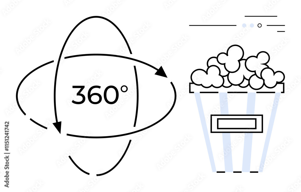360-degree rotation symbol with arrows, popcorn bucket bursting with popcorn. Ideal for virtual reality, entertainment, movie experiences, immersive technology, cinema advertising, gaming 360-degree rotation symbol with arrows, popcorn bucket bursting with popcorn. Ideal for virtual reality, entertainment, movie experiences, immersive technology, cinema advertising, gaming