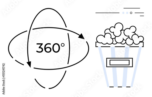 360-degree rotation symbol with arrows, popcorn bucket bursting with popcorn. Ideal for virtual reality, entertainment, movie experiences, immersive technology, cinema advertising, gaming