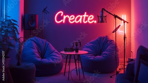 A casual podcast studio with cozy beanbag chairs, handheld microphones on a small table, and neon wall art spelling 