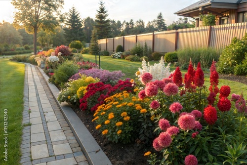 Wallpaper Mural Vibrant flowering plants in a well-maintained garden during golden hour Torontodigital.ca