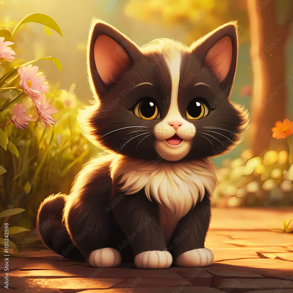 Obraz premium Beautiful black and white kitten sitting amid vibrant flowers in a sunny garden during afternoon hours. 